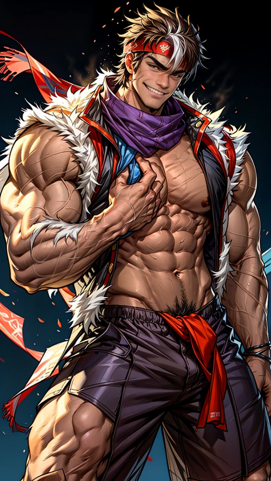 A male athlete,Wearing shorts,He is very muscular,Shot from below,Abstract Background,Lift up your trouser legs,scarf,Vest,Cloth wrapped around hands,Leg hair,Hair flutters in the wind,Open his legs,Hairy body,Hair on arms,Broad shoulders, huge, Muscular pectorals, Strong man, Carefree expression, Naughty smile, huge, 肌肉发达的身体和huge, Raised pectoral muscles, Muscle Abs, Willow Waist,
