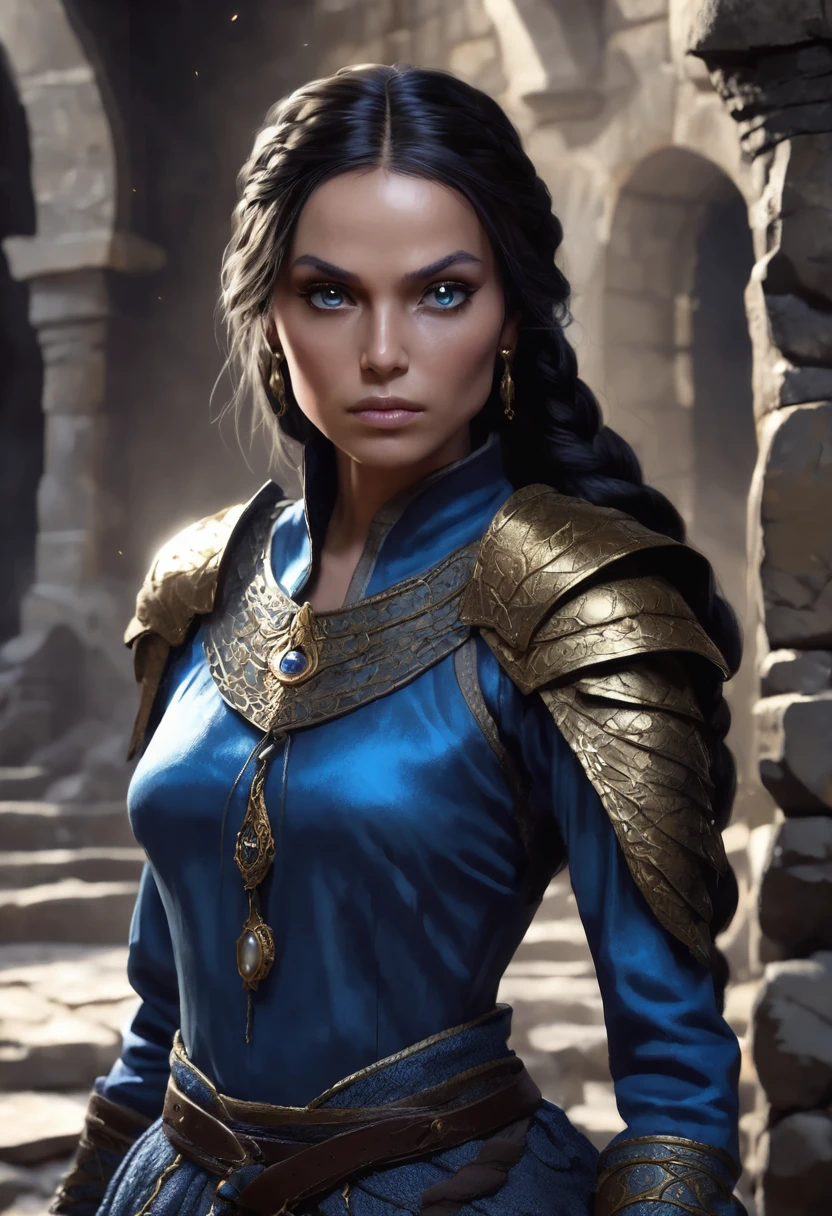 1 woman, she is a witch, inside a dark and gloomy castle made of stones, wearing simple blue armor, a thin brown band around her forehead made of simple cloth, detailed facial features, black eyes with feminine gold streaks, detailed white skin, dark woman, long dark brown hair in a braid, dramatic lighting, cinematic composition, dark palette, dark colors, atmospheric haze, thin chin, serious face, serious face, strong and beautiful woman (best quality, 4K, 8K, high resolution, art: 1.2), ultra detailed (realistic, photorealistic, photorealistic: 1.37)
