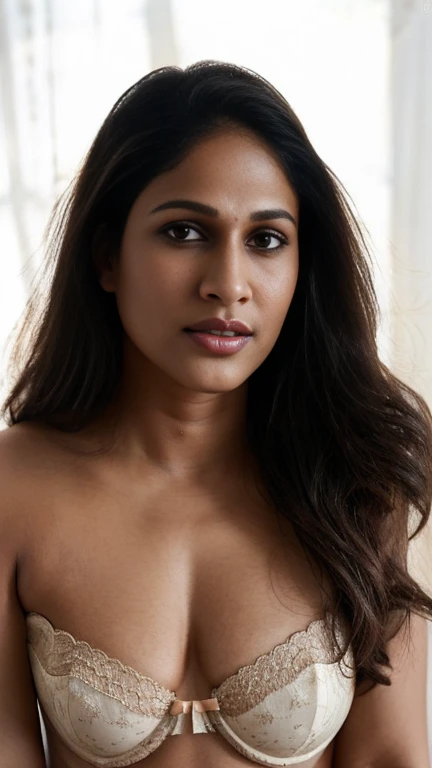 lavanya , closeup face, potrait, face close up, ((lingerie)), in bedroom, ultrarealsitic, body closeup, close up body shot, cleavage and navel, milf, looking at viewer, masterpiece, ultrarealistic, ((fair skin)), free shaggy hair, high quality