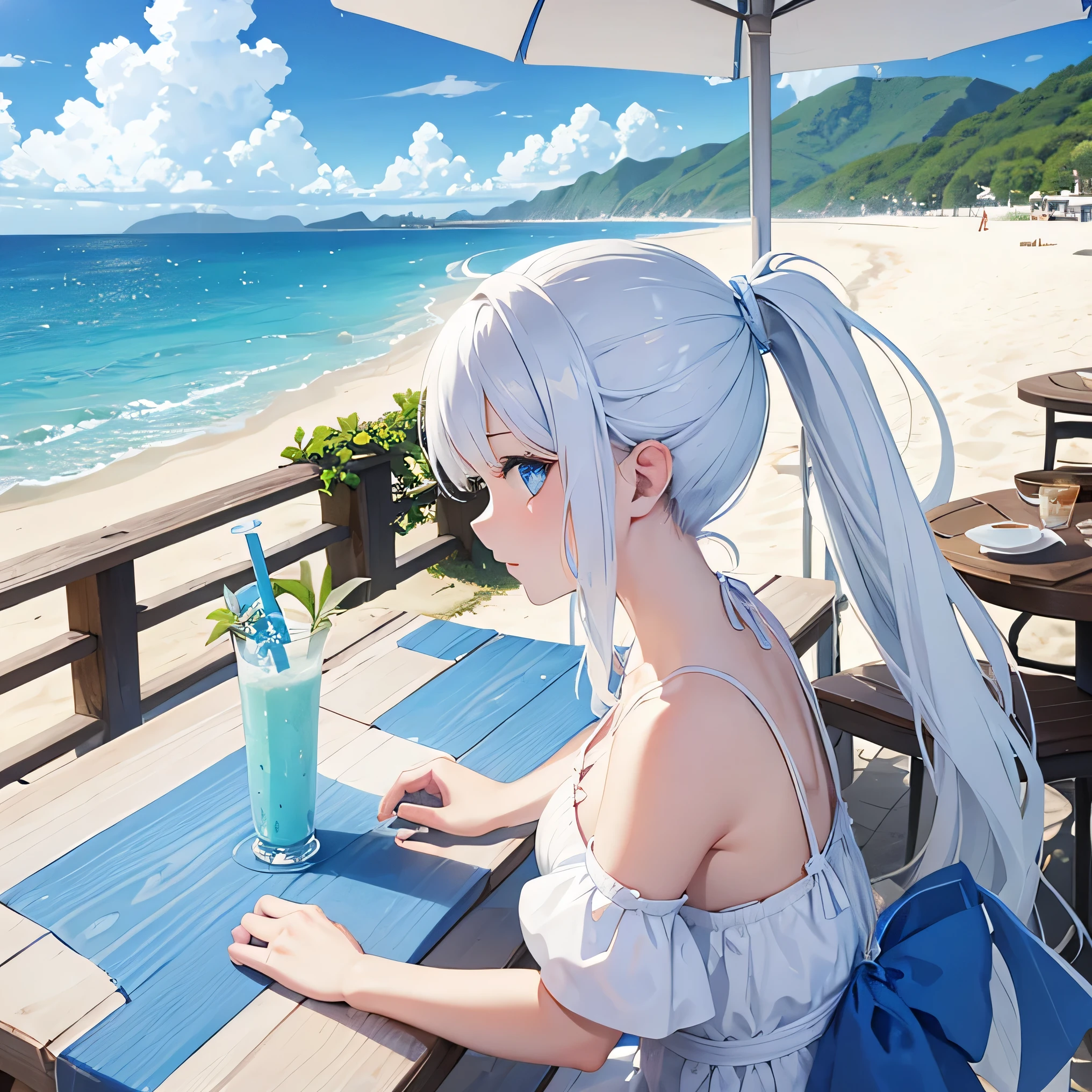 Seaside, blue eyes, ponytail, White hair, White dress, Cafe, Profile, Beach,Beach parasol, Relax, tropical juice, aquamarine hair, water drop