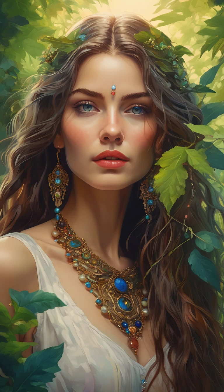 a photo-realistic, highly detailed, masterpiece of a surreal and imaginative painting, 8K resolution, vibrant colors, hyper-realistic style, naive art, sharp focus, physically-based rendering, professional artistic composition, beautiful detailed face, elegant female portrait, flowing long hair, piercing eyes, intricate clothing, ornate jewelry, outdoor nature scene, lush foliage, dreamy atmosphere, dramatic lighting, ethereal mood