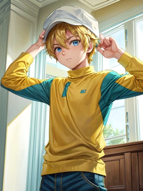 best quality, masterpiece, highres, detailed, digital artwork, TKDigi02, teenage boy, yellow and teal shirt, muscular,  blue eyes, blonde hair, hat, white house building, :|, 