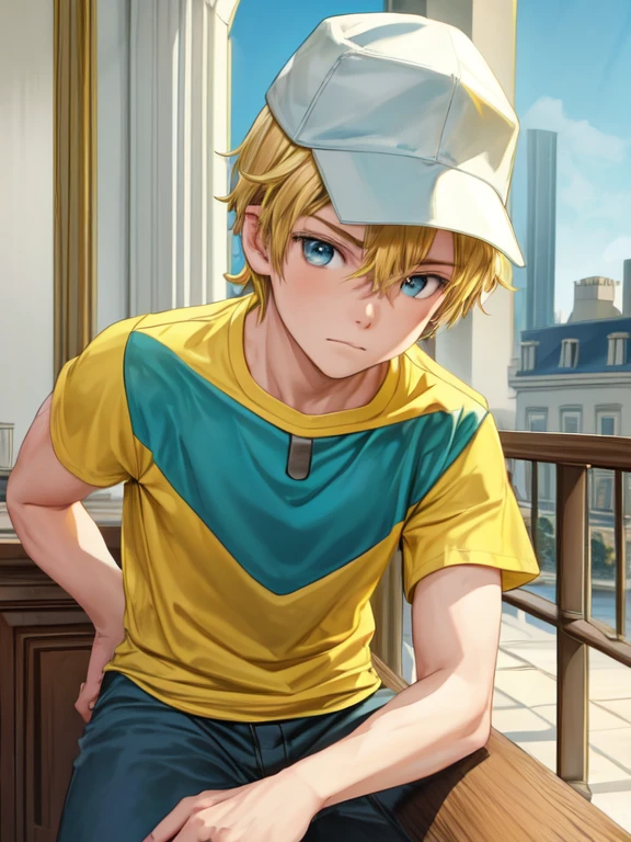 best quality, masterpiece, highres, detailed, digital artwork, TKDigi02, teenage boy, yellow and teal shirt, muscular,  blue eyes, blonde hair, hat, white house building, :|, 