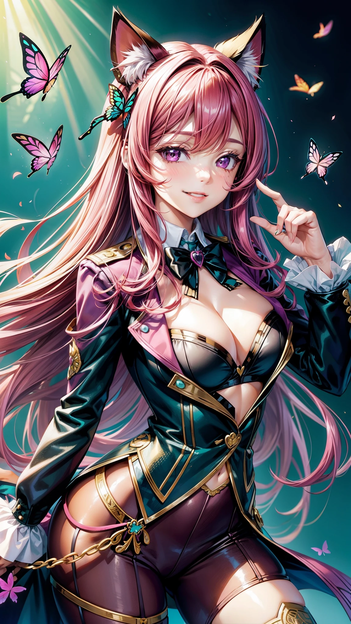 Magenta hair, brown eyes, older woman, hair bows, cat ears, long hair, smiling face, sexy outfit, butterflies, teal and gold outfit, butterfly background, uniform open chest top