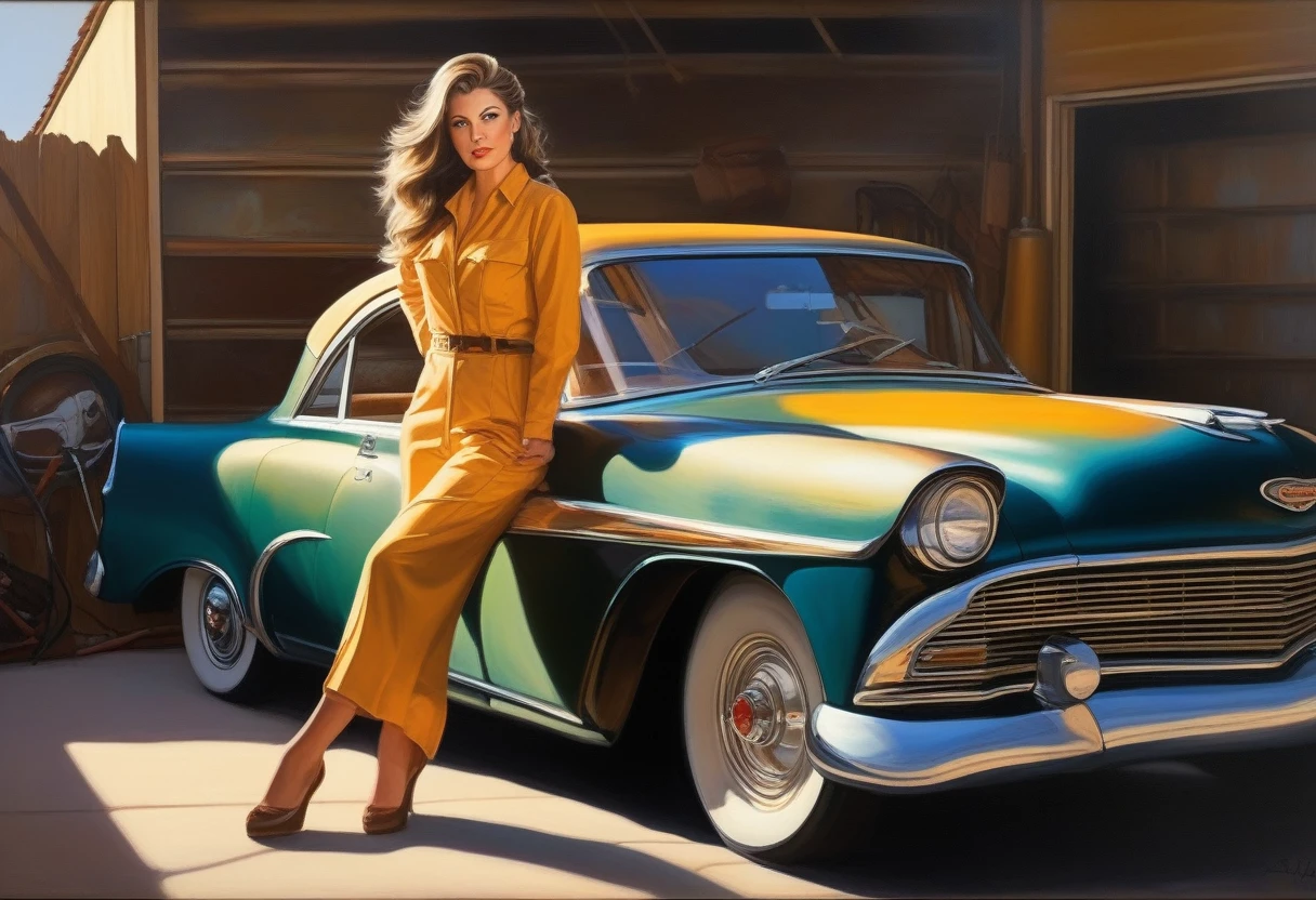 A captivating oil painting of a striking woman dressed in a sleek, form-fitting mechanic's suit. She is meticulously working on a rusty vintage car, her tools glinting in the early morning sunlight streaming through the garage doors. The warm light creates a stunning play of light and shadow on her body, highlighting her curves and emphasizing her beauty. The background is a backdrop of tools and car parts, with a hint of the sunrise peeking through the garage doors, casting a golden glow on the scene.