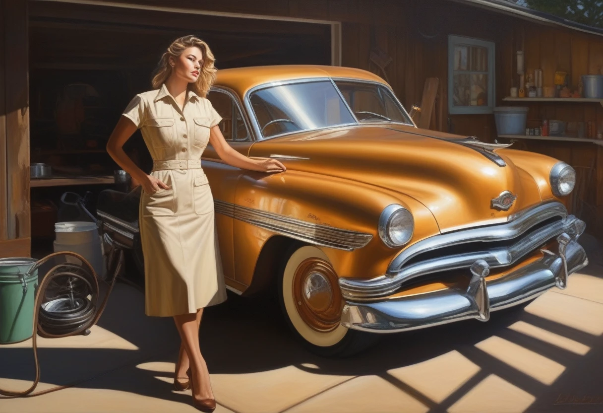 A captivating oil painting of a striking woman dressed in a sleek, form-fitting mechanic's suit. She is meticulously working on a rusty vintage car, her tools glinting in the early morning sunlight streaming through the garage doors. The warm light creates a stunning play of light and shadow on her body, highlighting her curves and emphasizing her beauty. The background is a backdrop of tools and car parts, with a hint of the sunrise peeking through the garage doors, casting a golden glow on the scene.