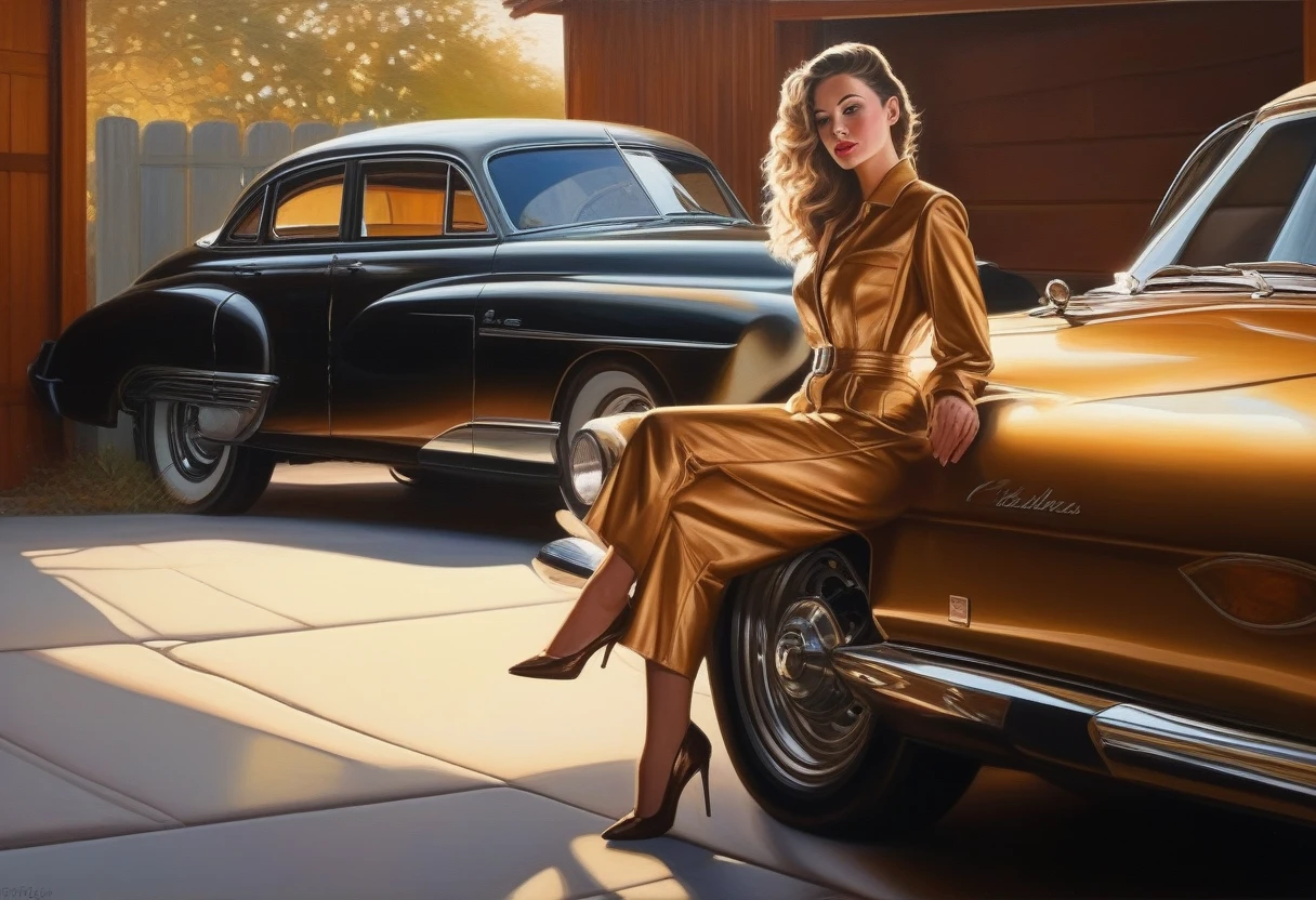 A captivating oil painting of a striking woman dressed in a sleek, form-fitting mechanic's suit. She is meticulously working on a rusty vintage car, her tools glinting in the early morning sunlight streaming through the garage doors. The warm light creates a stunning play of light and shadow on her body, highlighting her curves and emphasizing her beauty. The background is a backdrop of tools and car parts, with a hint of the sunrise peeking through the garage doors, casting a golden glow on the scene.