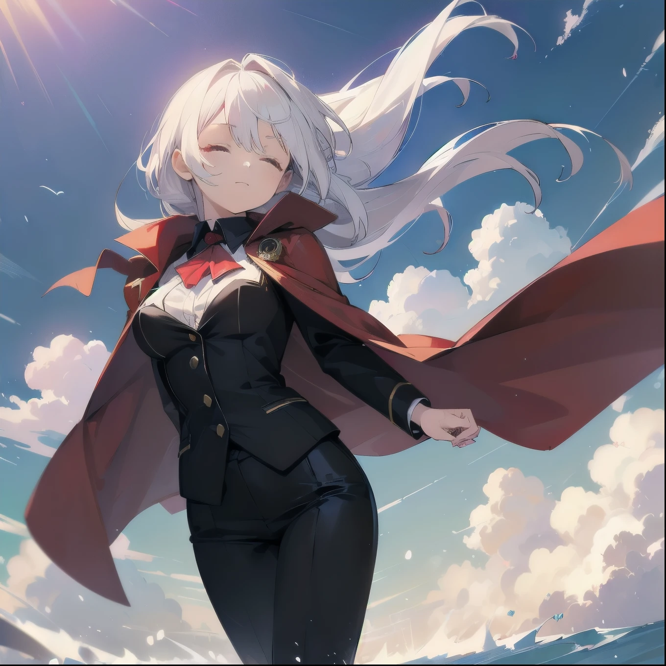 [(Deep Red:1.5),::5], (((masterpiece))), high quality, Very high resolution, Large file size, Full Color, ((girl)), White Hair, Bright colors (Wind effects) anime, (Black business suit, Red Cape) Formal wear, Close ~ eyes, Kind Face, Small breasts, Short