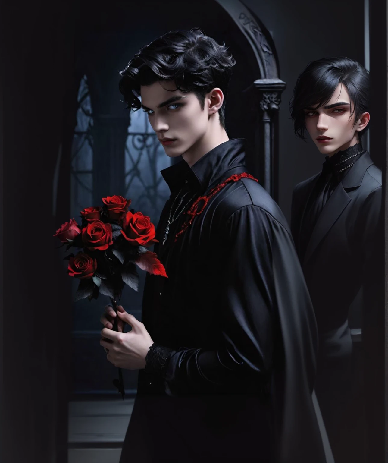 sharp man in a black shirt holding a bouquet of red roses, handsome male vampire, vampire fashion, gothic romance, male vampire, androgynous vampire, gothic aesthetic, Cute androgynous prince, Gothic style, gothic influence, wearing modern gothic clothes, ominous gothic aesthetic, delicate androgynous prince, male vampire of clan banu haqim