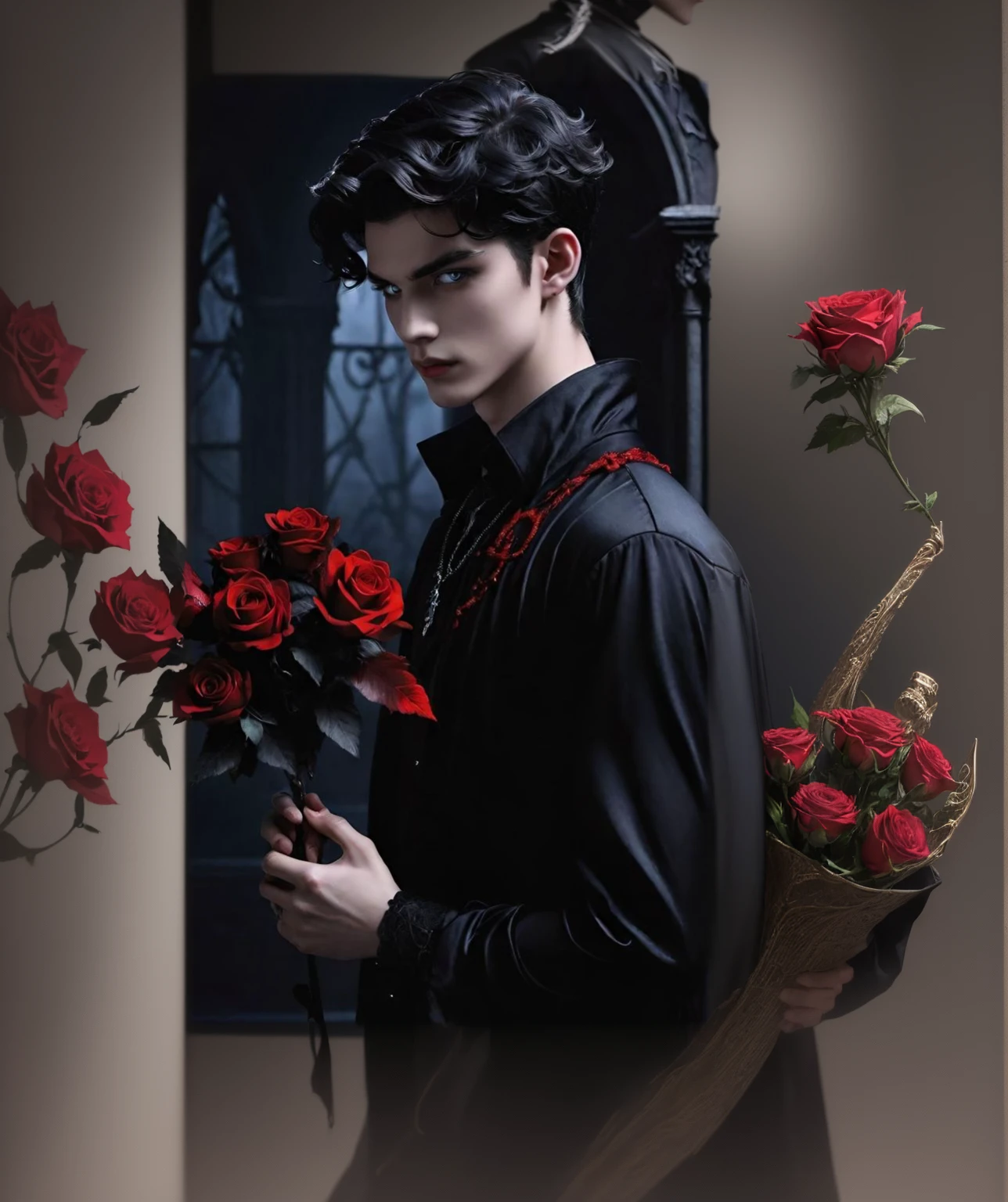 sharp man in a black shirt holding a bouquet of red roses, handsome male vampire, vampire fashion, gothic romance, male vampire, androgynous vampire, gothic aesthetic, Cute androgynous prince, Gothic style, gothic influence, wearing modern gothic clothes, ominous gothic aesthetic, delicate androgynous prince, male vampire of clan banu haqim