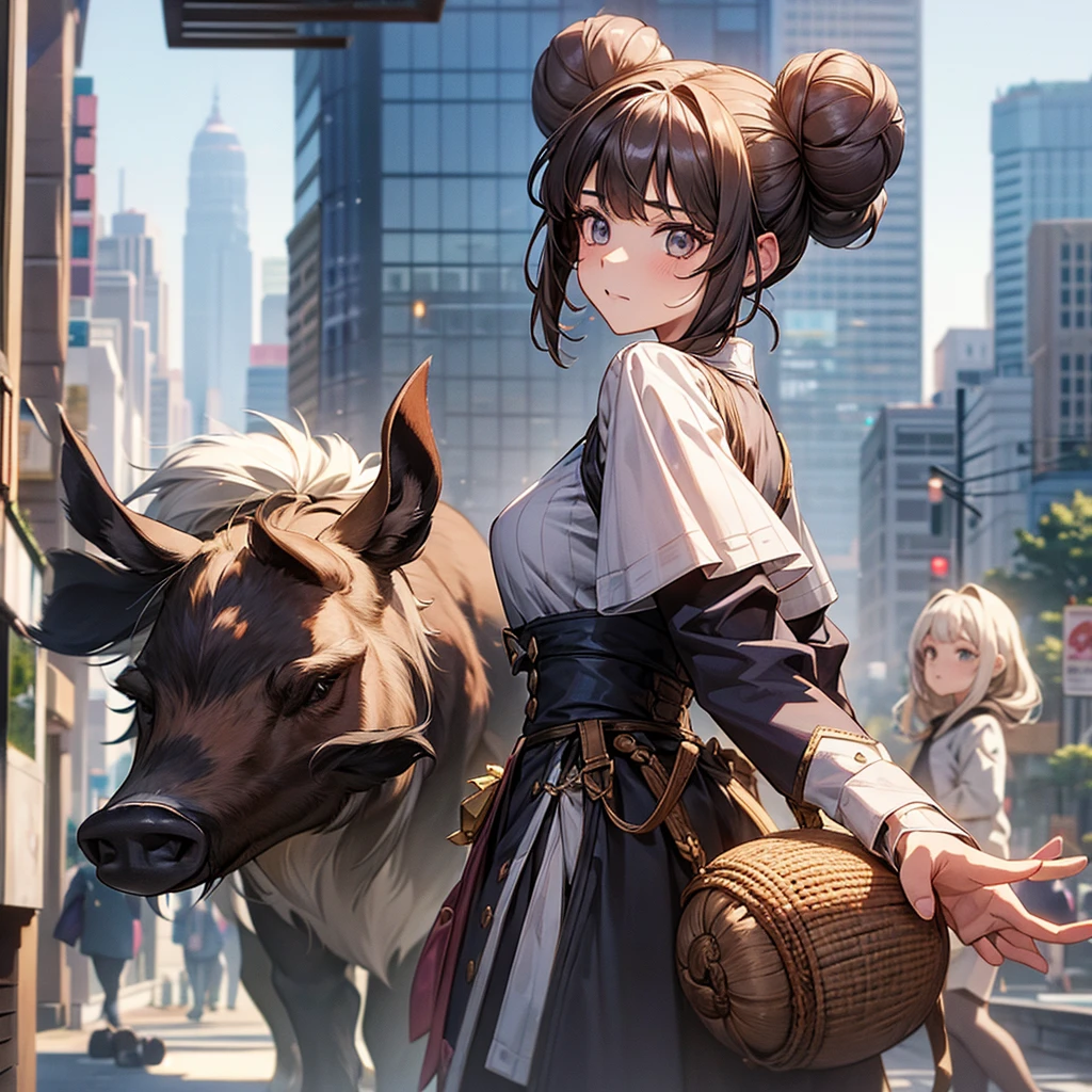 Character Settings:A girl with a boar motif teleported to a downtown area 1. Appearance: - Hairstyle:Two big round buns on top of the head。These are modeled after the realistic shape of a boar's face.。The surface of the dumpling has a slightly hairy texture.、More boar-like appearance。 - Hair color:The base is dark brown、Contains striking reddish brown highlights。 - clothing:She is wearing Ainu clothing with a boar fur motif.。It has a mottled pattern。The hem and sleeves of the dress are fluffy.、It reminds me of the fur of a boar.。 2. accessories: - necklace:A white pendant resembling a small boar's tusk。 - Bracelets:A brown leather bracelet with small boar's hoof charms。 - ヘアaccessories:A boar's ear-shaped hairpin used to secure the bun。 3. Pose and expression: - Posture:Leaning forward a little、Be wary of your surroundings。 -expression:A look of surprise and alarm。Eyes Wide Open、4. They are threatening others.. Background and Circumstances: - setting:Suddenly teleported to the center of a busy downtown area。 - Reactions from others:Passersby stare at her in amazement.。 - Contrast:A wild girl reminiscent of animals in nature、A scene composed to highlight the contrast of the modern cityscape。 5. The details: - Around the Girl、Small light particles and fog-like effects that indicate the moment you teleport。 - The hem of the dress flutters in the wind、It gives the impression of boar hair standing on end。 - At her feet、There are a few fallen leaves and twigs scattered around, reminiscent of the forests back home.。 24 years old,nsfw,one woman,tattered clothes,on all fours,squatting,muscular,beautiful face,small eyes,sharp eyes,angry,surprised face,scared face,excited,stern expression,glare at,crowd of people,anime style,high quality,illustration,masterpiece,japanese、Distraught、panic、Puzzled、Tattered clothes、Wild 、wild、The hustle and bustle、crowd、Clothes are the place々Defeated、Exposed Skin、The background is detailed、Colorful face paint like Princess Mononoke、1Girl