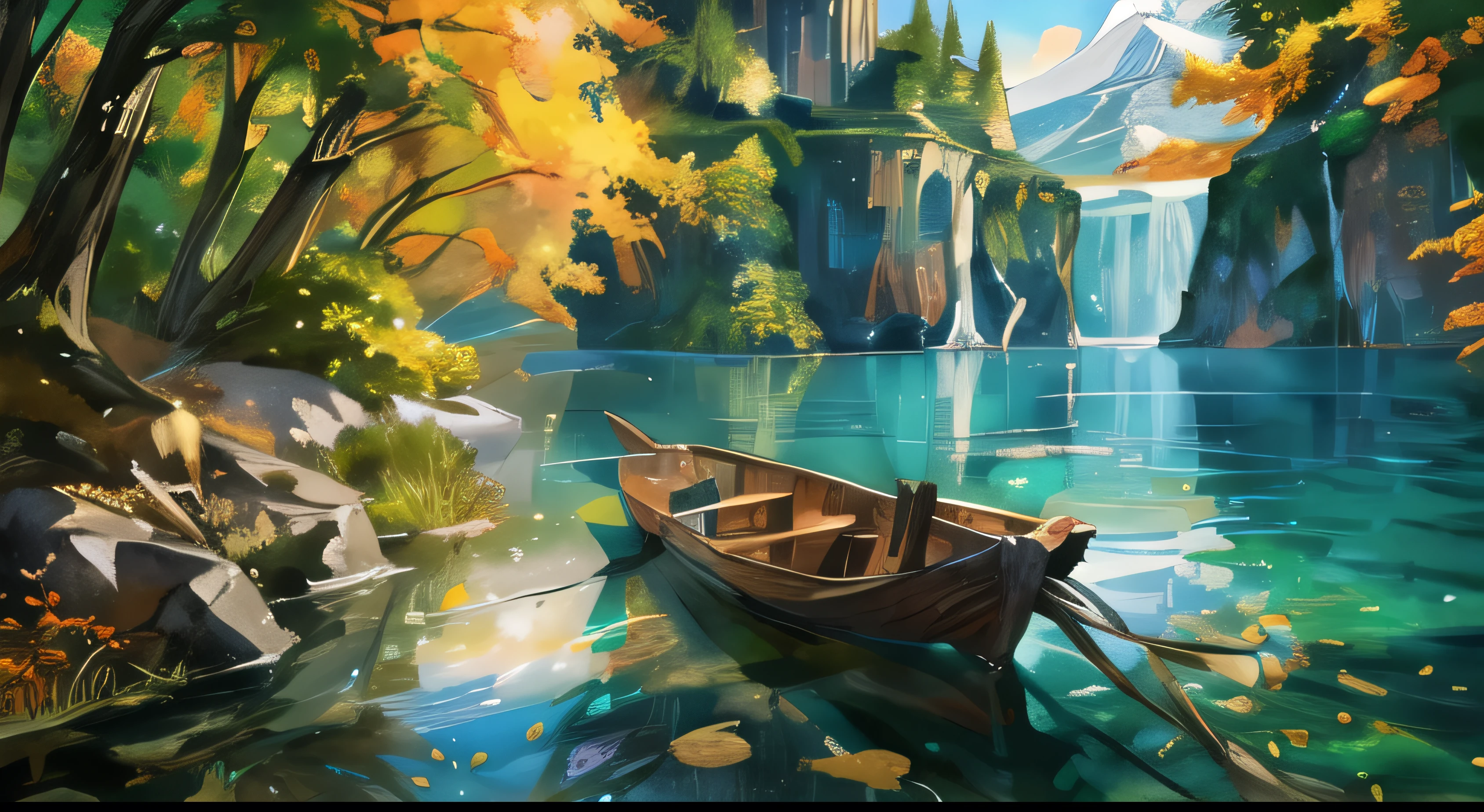 there is a painting of a boat in the water near a mountain, Bela arte UHD 4K, detailed painting 4k, scenery art detalhada, scenery art, cute digital painting, stunning digital painting, vibrant gouache painting scene, detailed digital art in 4k, detailed scenery - width 672, highly detailed digital art in 4k, detailed digital painting, very detailed digital painting