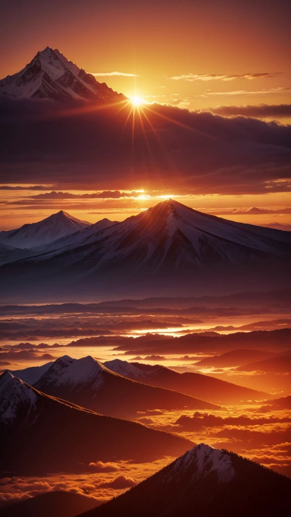 An ultra realistic art of a golden and red sunset With a mountain