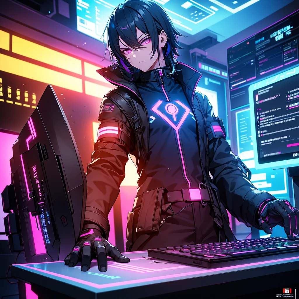 Generate a male hacker character in a cyberpunk futuristic setting. He should be seated in a dimly lit, high-tech environment, surrounded by holographic displays and neon-lit screens. The character should have a confident yet mysterious demeanor, wearing a black leather jacket, fingerless gloves, and futuristic cyber enhancements. He should be hunched over a sleek, advanced laptop, fingers flying over the keyboard, and illuminated by the soft glow of the screens. Bring out the essence of hacking and cyber warfare in this captivating image