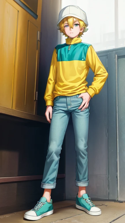 best quality, masterpiece, highres, detailed, digital artwork, TKDigi02, teenage boy, yellow and teal shirt, blue eyes, blonde hair, hat, full body, white shoes, jeans