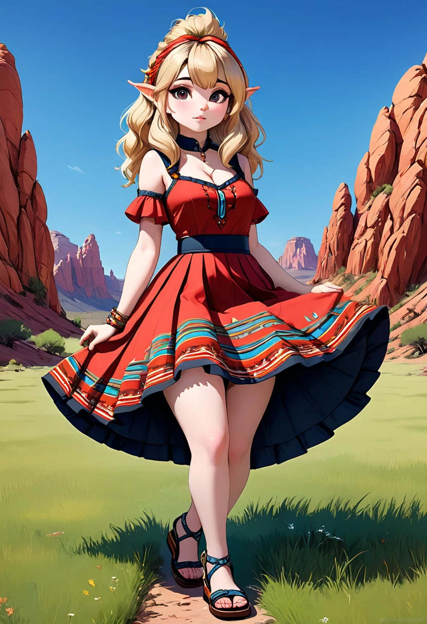 Full-length photo of a beautiful gnome woman, a stunning merge of Sabrina Carpenter, in a colorful Southwestern style dress and skirt. She is sitting on a patch of grass under colorful skies, looking upward at the viewer. She is wearing Navajo sandals, Southwestern earrings, and jewelry. Her blonde hair is coarse, wiry, tightly curled, and densely packed, with a rough texture prone to frizz and tangling. The woman is depicted as cute, girly, and sexy, with a symmetrical face. This official art is an award-winning digital masterpiece in 4K Ultra HD, featuring extreme detail and intricate realism. It combines the artistry of Wlop and Artgerm in a stunning 2D vector illustration. She has large, perky, voluptuous, symmetrical, and spherical breasts. The background showcases a beautiful panoramic vista of a red rock canyon.