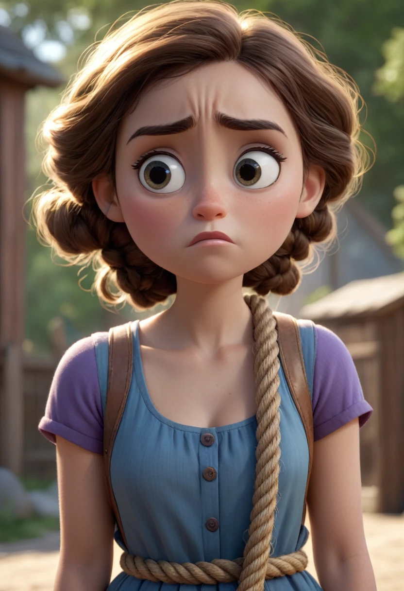 Holding a rope. Face shows she's sad. High quality, hdr Pixar image. 4K