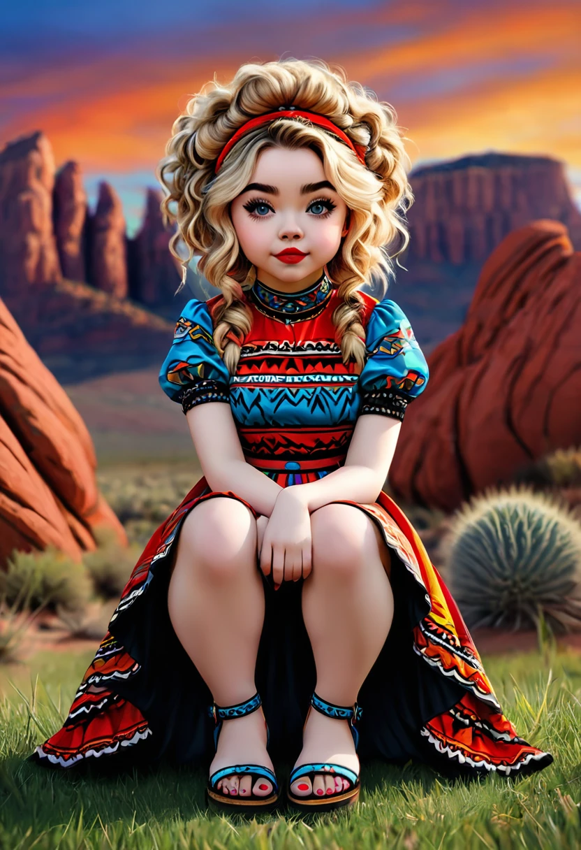 Full-length photo of a beautiful gnome woman, a stunning merge of Sabrina Carpenter, in a colorful Southwestern style dress and skirt. She is sitting on a patch of grass under colorful skies, looking upward at the viewer. She is wearing Navajo sandals, Southwestern earrings, and jewelry. Her blonde hair is coarse, wiry, tightly curled, and densely packed, with a rough texture prone to frizz and tangling. The woman is depicted as cute, girly, and sexy, with a symmetrical face. This official art is an award-winning digital masterpiece in 4K Ultra HD, featuring extreme detail and intricate realism. It combines the artistry of Wlop and Artgerm in a stunning 2D vector illustration. She has large, perky, voluptuous, symmetrical, and spherical breasts. The background showcases a beautiful panoramic vista of a red rock canyon.