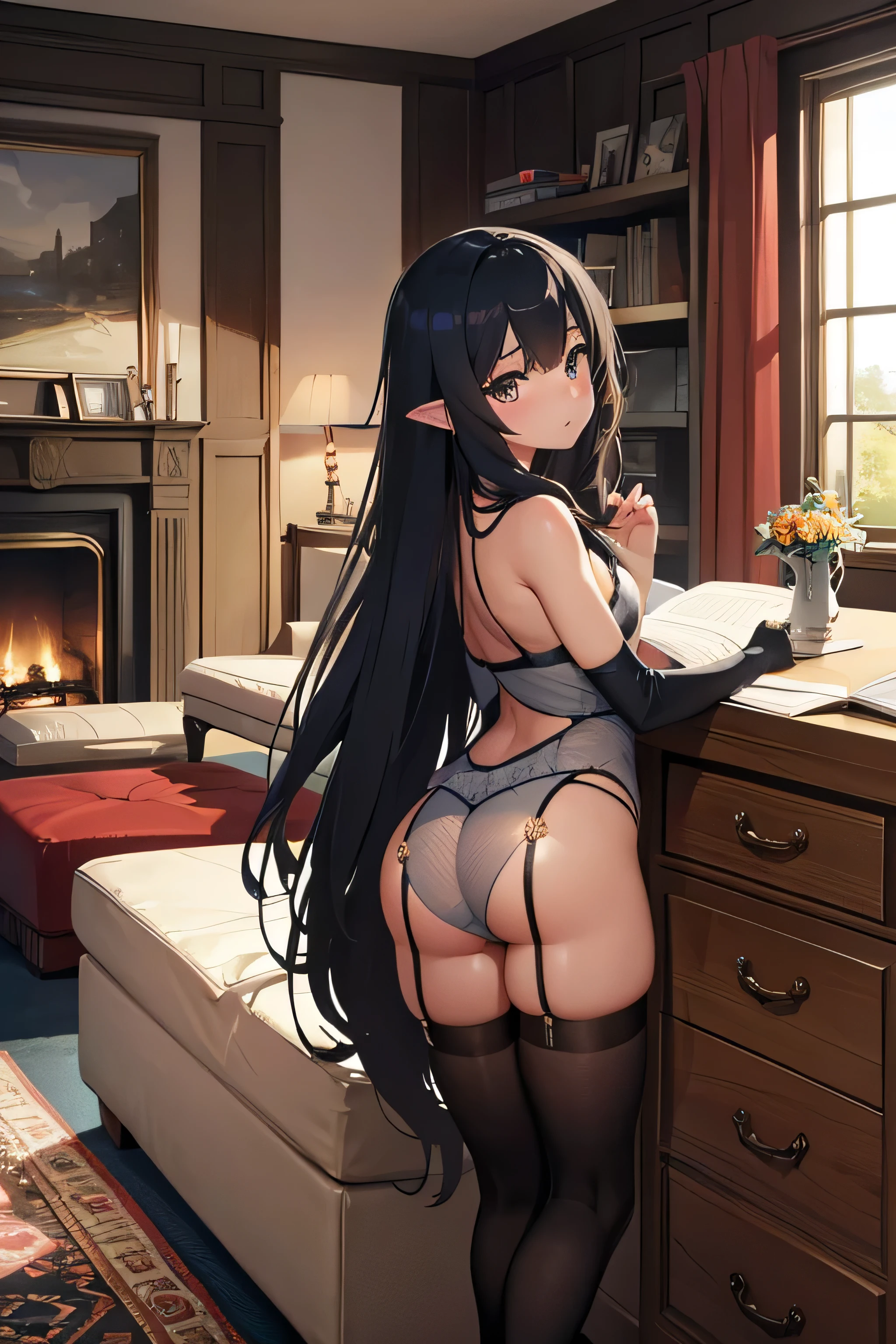 high definition, detailed, shiny, dark skin , gorgeous Innocent girl wearing thigh-high stockings with thick behind. The innocent girl is bending over blushing in a flustered way. big room with furniture and fire place.
2. Create an Anime style piece inspired by with fine lines and high detail.
3.Using Ai generated algorithm to create a luminescent background of a cluttered bedroom thats in a realistic setting.
4. Redifine the full Image to look hyper realistic with sharp lines and high resolution.
5. Redifine the Image using Ai algorithm to make the image photo have beautiful dark to light detail