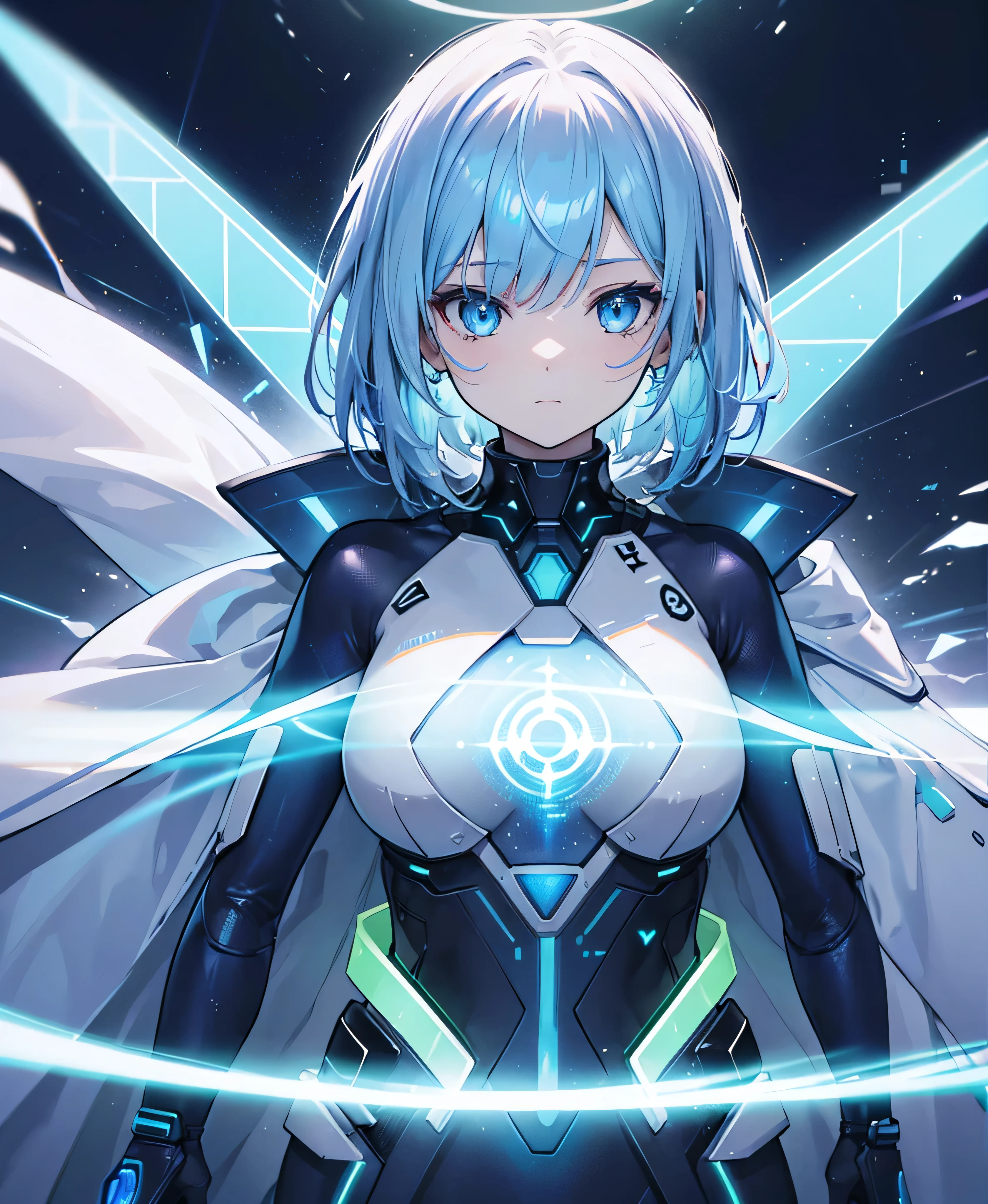 ((Holographic glow effect)),8k, Highest quality, (real:1.4), Original photo, 1 girl, Asari Hair, Biological Amplifier, refined armor, posture: Peace talks between warring factions, smart blue eyes,whole body