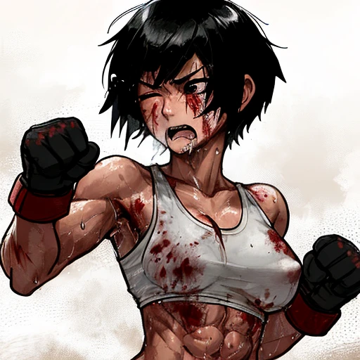 a bloody beautiful young Japanese female fighter is poised in a fighting pose in the fighting ring. She has a bloody nose. She is covered in scars and bruises. she is damaged terribry. Short-cut black hair, out of breath, an eye is closed, drooling from mouth, exhausted, drenched in sweat. Muscularity. Six-pack abs. Erect nipples.