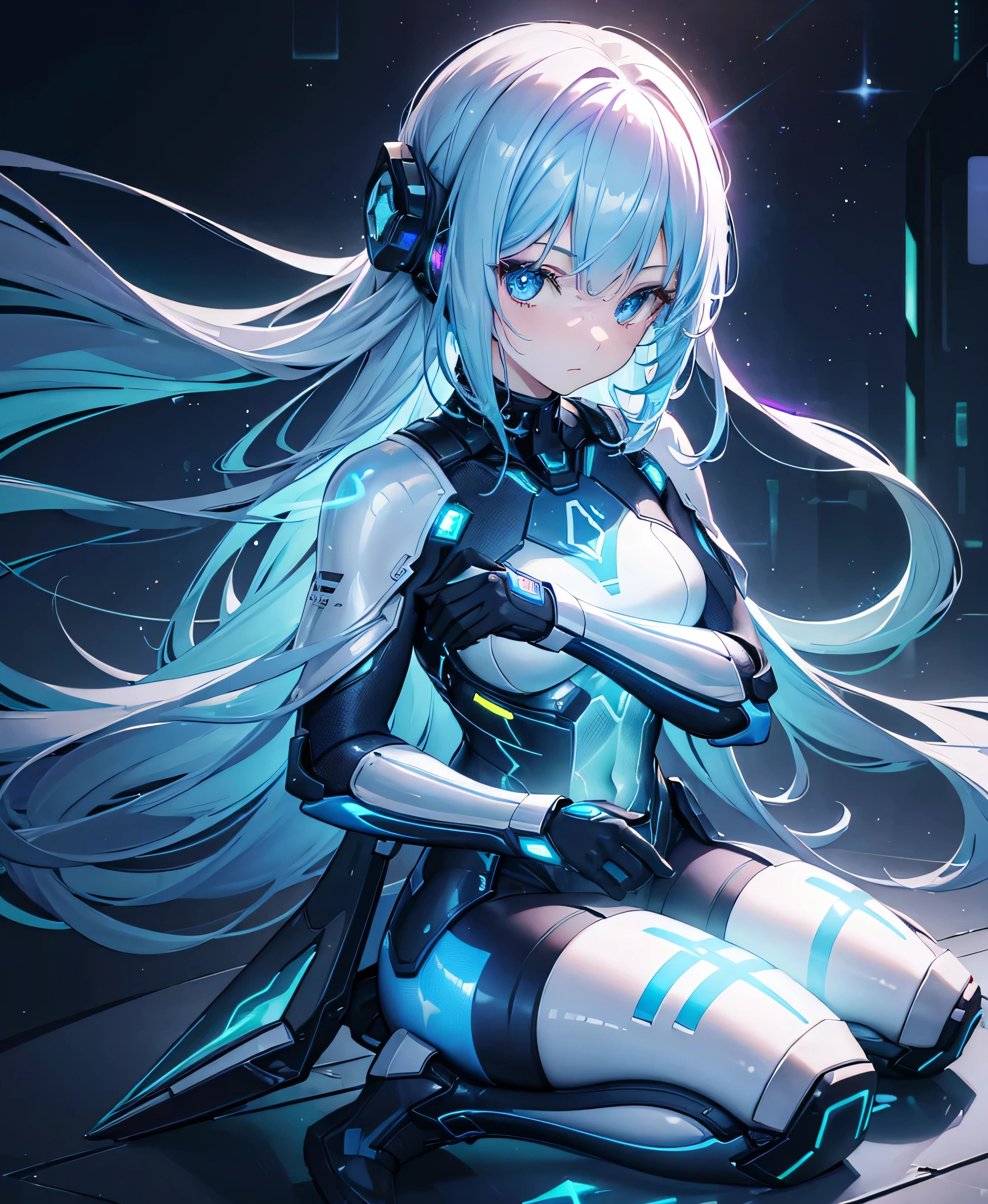 ((Holographic glow effect)),8k, Highest quality, (real:1.4), Original photo, 1 girl, Asari Hair, Biological Amplifier, refined armor, posture: Peace talks between warring factions, smart blue eyes,whole body