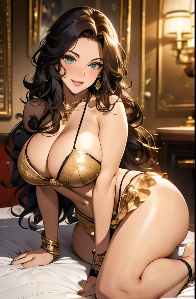 full body, extreme wavy hair, luxurious hair, lustful eyes, open mouth smile, aroused 25 years old, playfully aroused, dripping with desire, busty cleavage, heavy bust, large breasts, pajamas, slim waist, posing by the bed, coy smile with open parted lips, (blushing:1.3), looking lovingly at the viewer, seductive green eyes, an inviting pose, bedroom background, champagne, in love (pov), loving gesture, loving gaze, loving eyes, glowing eyes, highly detailed eyes, chocker, earrings, nsfw,