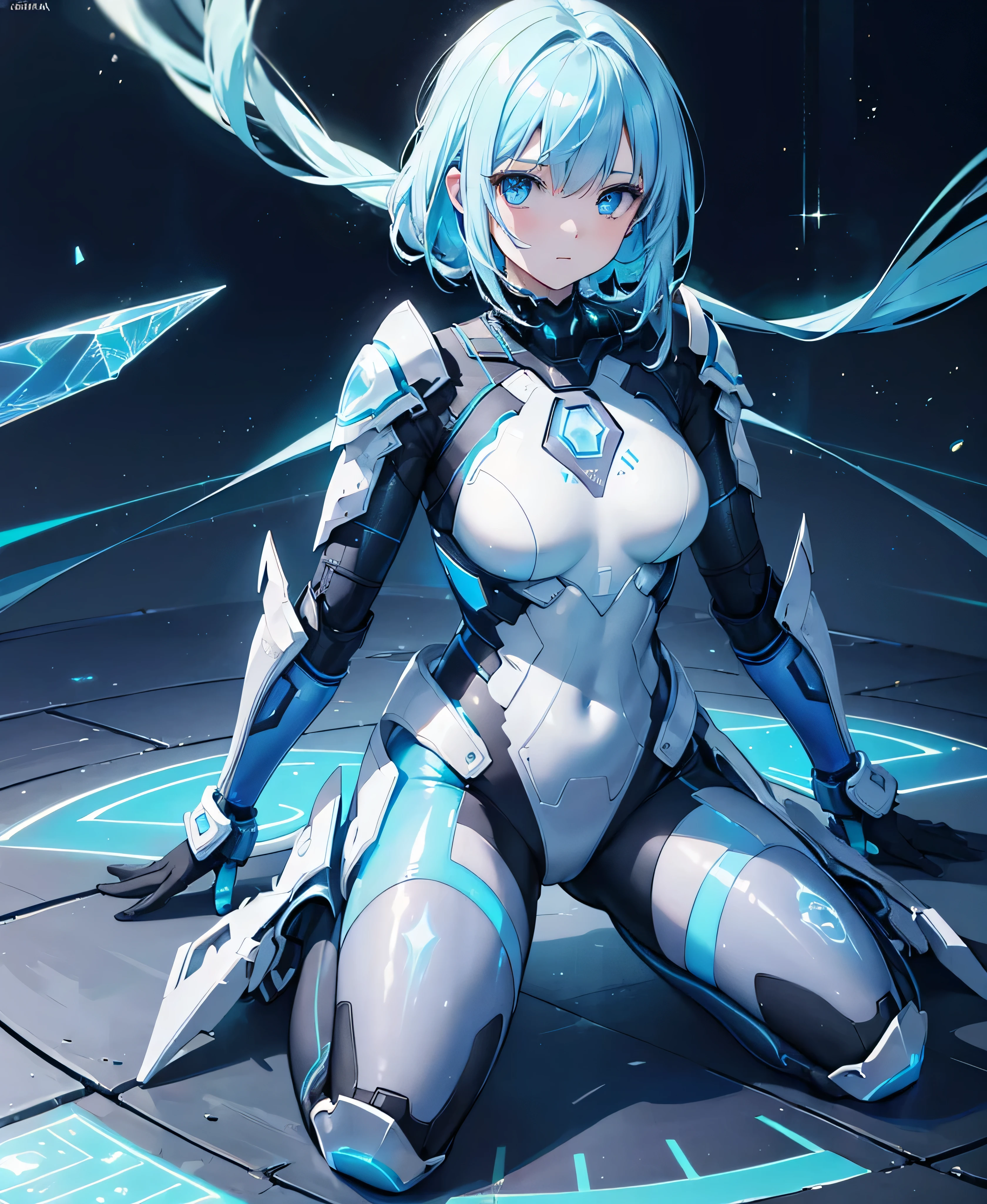 ((Holographic glow effect)),8k, Highest quality, (real:1.4), Original photo, 1 girl, Asari Hair, Biological Amplifier, refined armor, posture: Peace talks between warring factions, smart blue eyes,whole body
