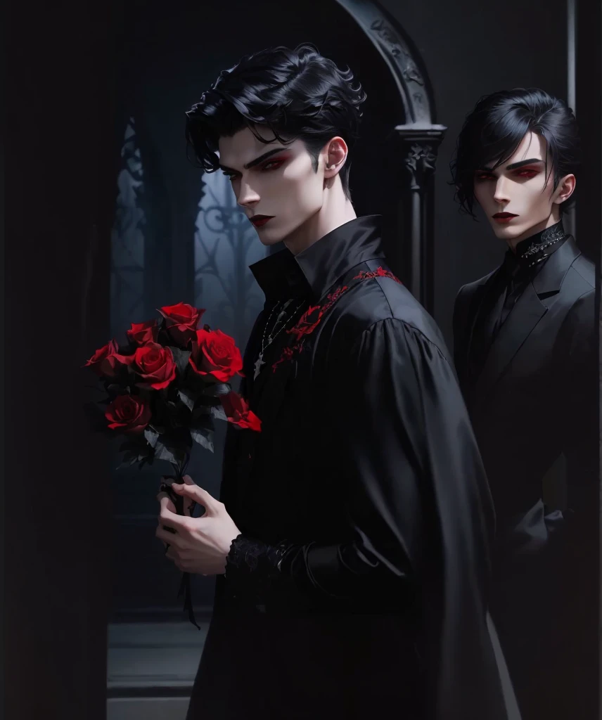 sharp man in a black shirt holding a bouquet of red roses, handsome male vampire, vampire fashion, gothic romance, male vampire, androgynous vampire, gothic aesthetic, Cute androgynous prince, Gothic style, gothic influence, wearing modern gothic clothes, ominous gothic aesthetic, delicate androgynous prince, male vampire of clan banu haqim