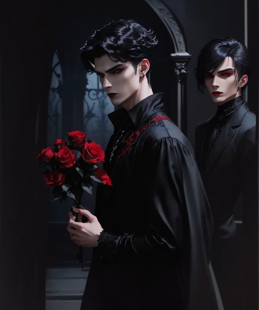 sharp man in a black shirt holding a bouquet of red roses, handsome male vampire, vampire fashion, gothic romance, male vampire, androgynous vampire, gothic aesthetic, Cute androgynous prince, Gothic style, gothic influence, wearing modern gothic clothes, ominous gothic aesthetic, delicate androgynous prince, male vampire of clan banu haqim