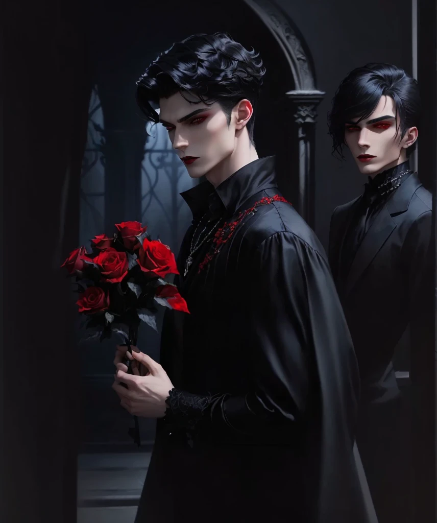sharp man in a black shirt holding a bouquet of red roses, handsome male vampire, vampire fashion, gothic romance, male vampire, androgynous vampire, gothic aesthetic, Cute androgynous prince, Gothic style, gothic influence, wearing modern gothic clothes, ominous gothic aesthetic, delicate androgynous prince, male vampire of clan banu haqim