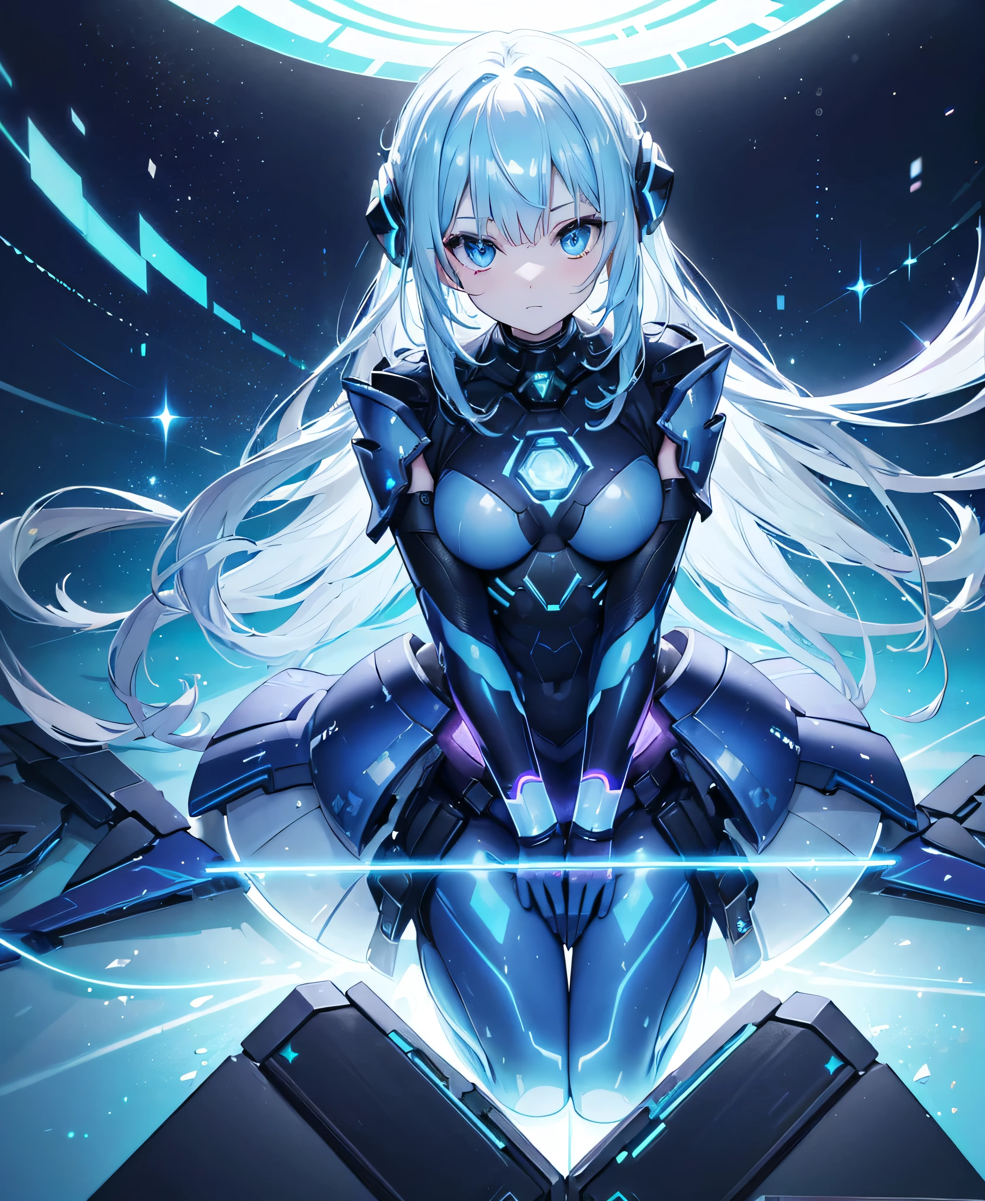 ((Holographic glow effect)),8k, Highest quality, (real:1.4), Original photo, 1 girl, Asari Hair, Biological Amplifier, refined armor, posture: Peace talks between warring factions, smart blue eyes,whole body