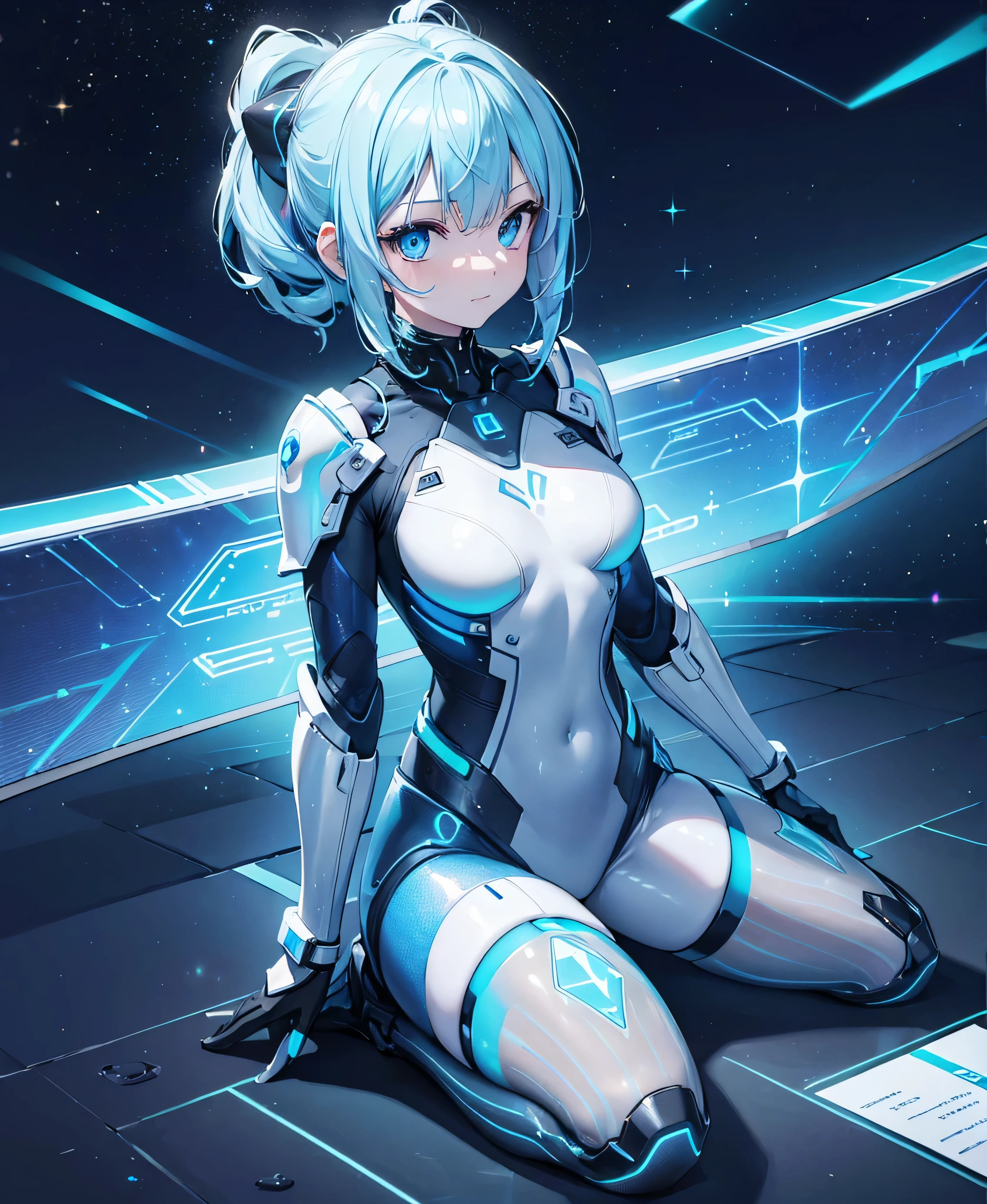 ((Holographic glow effect)),8k, Highest quality, (real:1.4), Original photo, 1 girl, Asari Hair, Biological Amplifier, refined armor, posture: Peace talks between warring factions, smart blue eyes,whole body