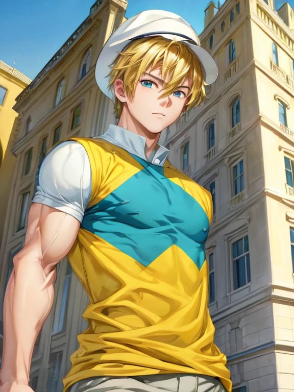 best quality, masterpiece, highres, detailed, digital artwork, TKDigi02, teenage boy, yellow and teal shirt, muscular,  blue eyes, blonde hair, hat, white house building, :), 