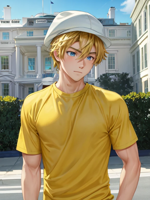 best quality, masterpiece, highres, detailed, digital artwork, TKDigi02, teenage boy, yellow and teal shirt, muscular,  blue eyes, blonde hair, hat, white house building, :), 