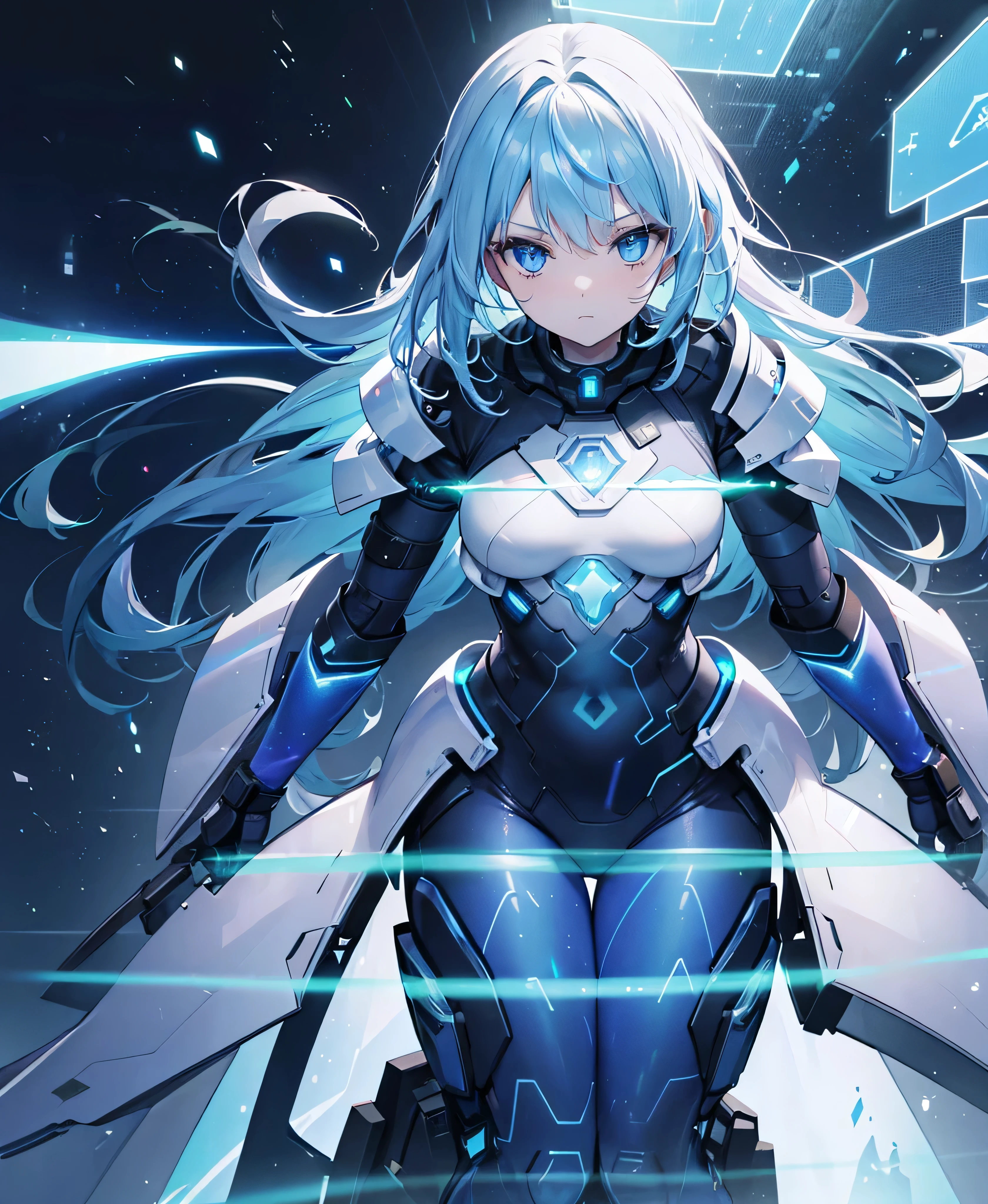 ((Holographic glow effect)),8k, Highest quality, (real:1.4), Original photo, 1 girl, Asari Hair, Biological Amplifier, refined armor, posture: Peace talks between warring factions, smart blue eyes,whole body