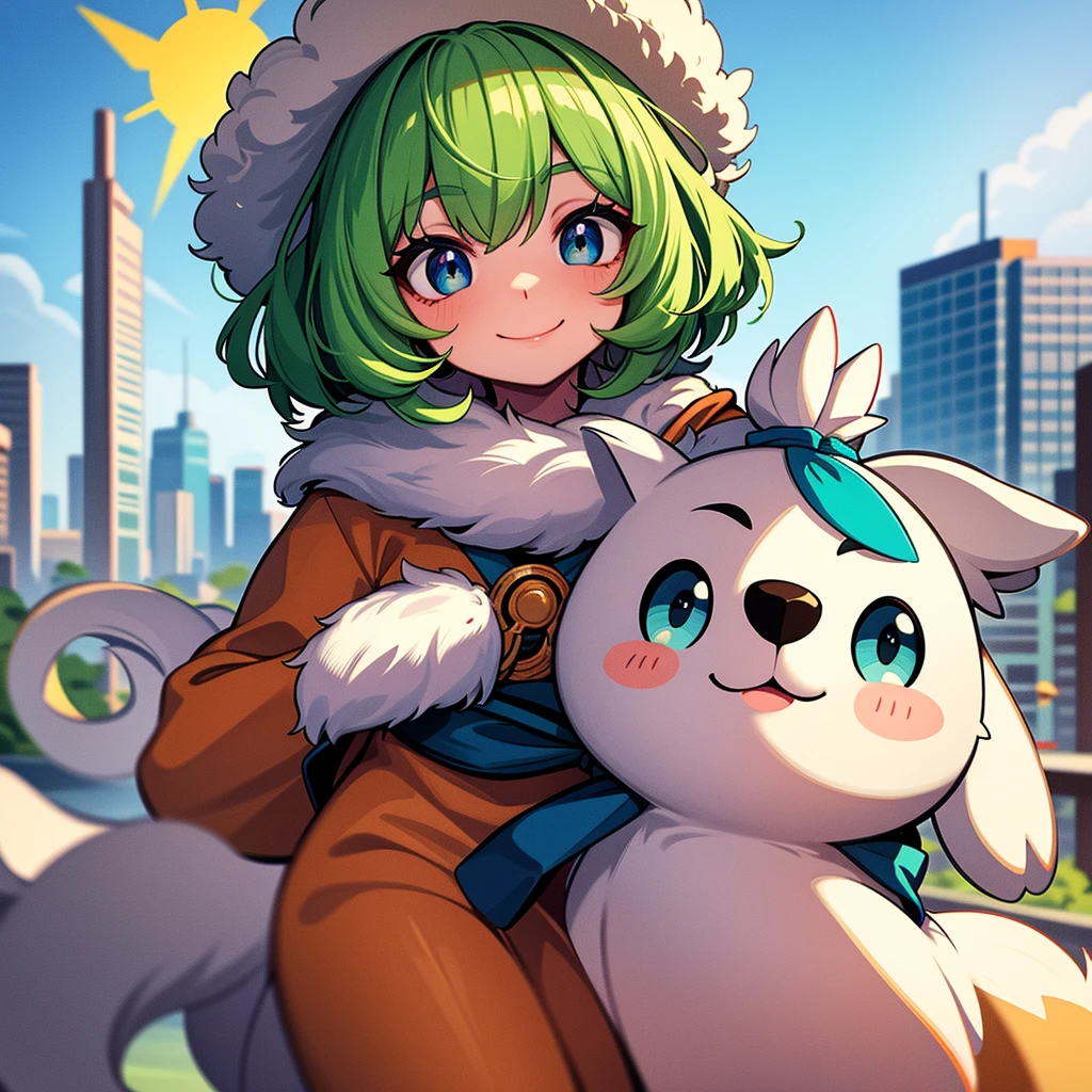 Cute dog,Big face,Fluffy fur,Very big eyes,Kulikli's Eye,blue eyes,Droopy eyes,Healing character,smile,Light green hair,Ears stand,Focus on the face,The background is the city,blue sky,sun