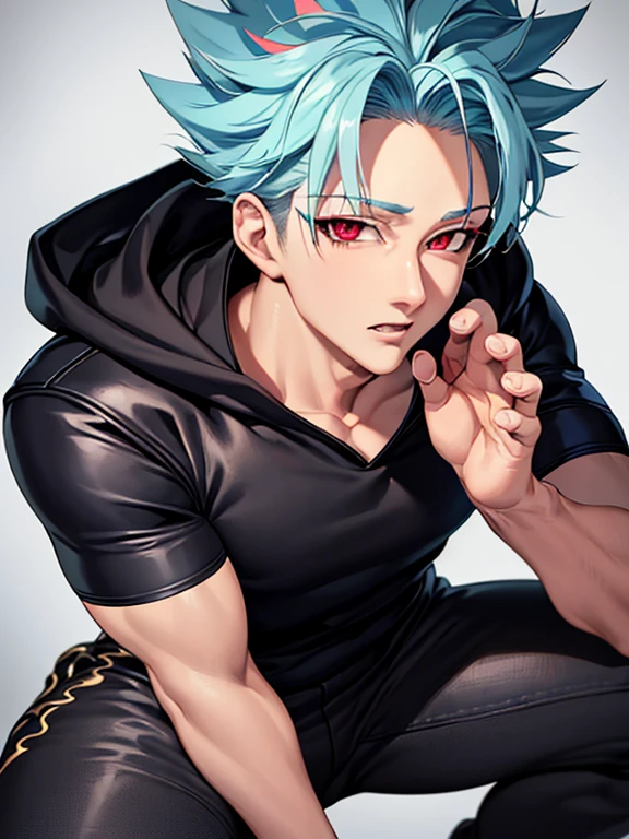 masterpiece, best quality, stand,close up photo,ultra-detailed, 1boy, solo, male focus,black hoodie,black trousers, looking at viewer, , , ban_nanatsu_no_taizai,blue hair,red eyes ,handsome,muscular , ultra detail,ultra Hd