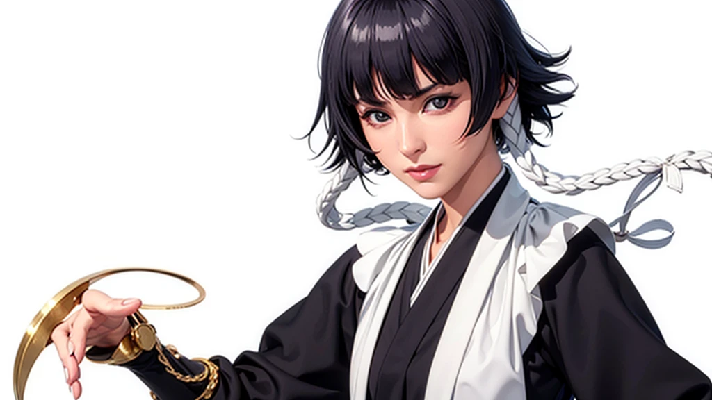 (（（Perfect body,White and tender skin,（（（japanese clothes, sideboob，Black top, Gold belt, black sleeves, black Japanese pants ）））,（（（sui-feng, short hair, short hair with long locks，Black hair））），((masterpiece)),high resolution, ((Best quality at best)),masterpiece,quality,Best quality,（（（ Exquisite facial features,Looking at the audience,There is light in the eyes,Smile））），）））,（（（Light and shadow,Small chest，）））,（（（Looking at the camera,black background,)））),