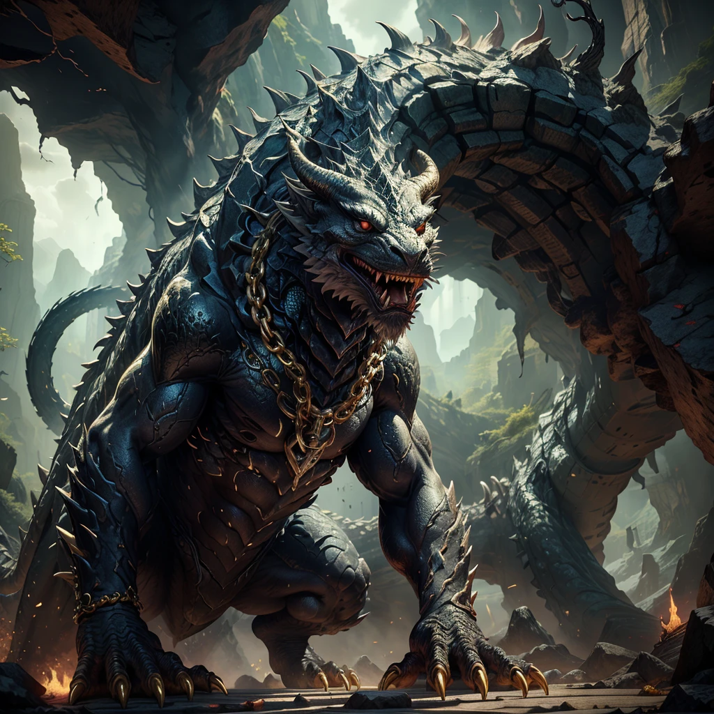 Lizard in cave cave. The beast has black scales, gold chains and shackles.