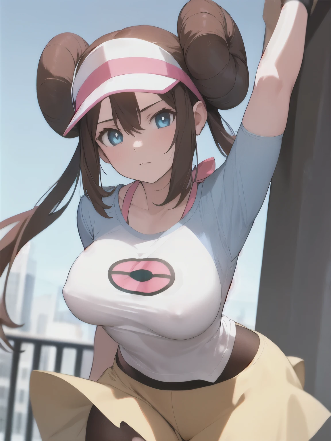 (Highest quality,128k, masterpiece:1.55, photorealistic, hyperrealistic), Ultra detailed face, Detailed lips, Detailed eyes, double eyelid,
BREAK (close up:1.25), cinematic angle, (half undress, showing panties:1.5), pigeon toed, leaning forward,
BREAK 1girl, solo, (full breasts, pointy breasts, sagging breasts:1.5),
BREAK rosa, brown hair, double bun, doughnut hair bun, hair bun, blue eyes, hair between eyes, twintails,
BREAK (nipples through:1),
BREAK pantyhose, pantyhose under shorts, raglan sleeves, skirt, yellow skirt, white shirt, blue sleeves, long sleeves, visor cap, panties under black pantyhose,
BREAK outdoors, city, sky,