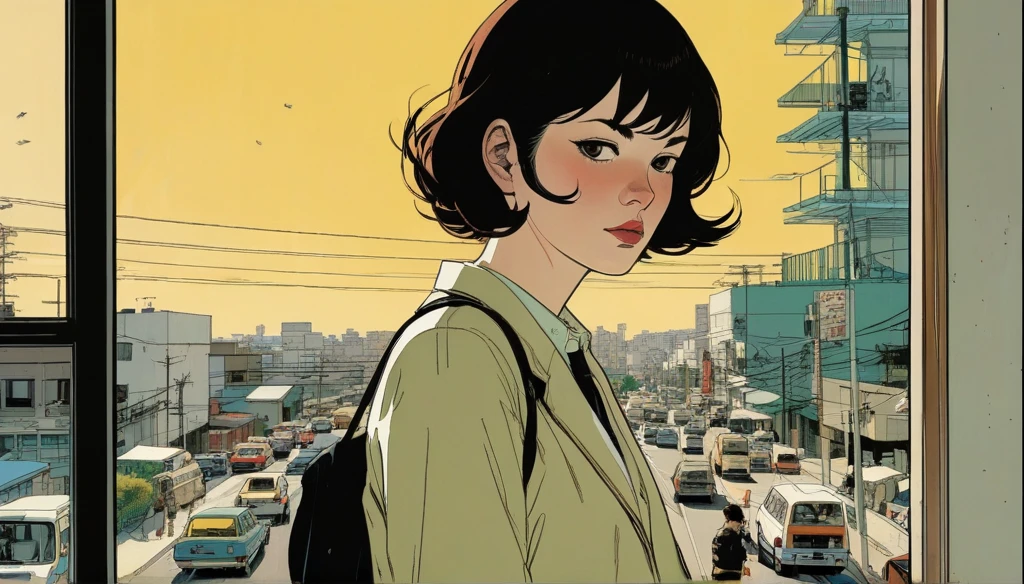 by Adrian Tomine and Yoji Shinkawa,  (flawless , glossy , masterful:1.4), poster art, bold lines, hyper detailed, expressive,  award winning,  (scenery:1.4), (intricate details, masterpiece, best quality:1.4),
looking at viewer, dynamic pose, wide angle view, dark limited palette, dramatic lighting,
