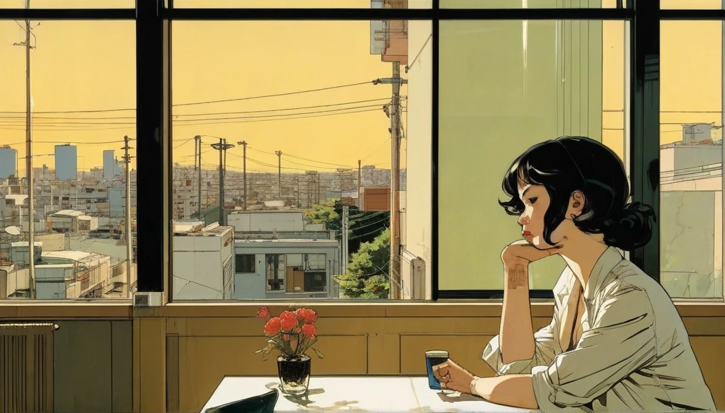 by Adrian Tomine and Yoji Shinkawa,  (flawless , glossy , masterful:1.4), poster art, bold lines, hyper detailed, expressive,  award winning,  (scenery:1.4), (intricate details, masterpiece, best quality:1.4),
looking at viewer, dynamic pose, wide angle view, dark limited palette, dramatic lighting,
