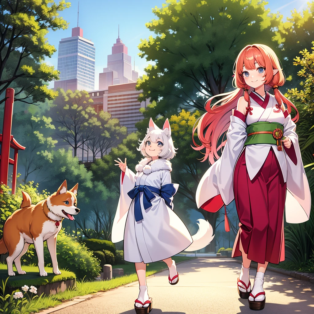 1 dog,Cute dog,Big face,Japanese anime style,Fluffy fur,Very big eyes,Kulikli's Eye,blue eyes,Droopy eyes,Healing character,smile,Light red hair,Ears stand,Focus on the face,The background is the city,blue sky,sun