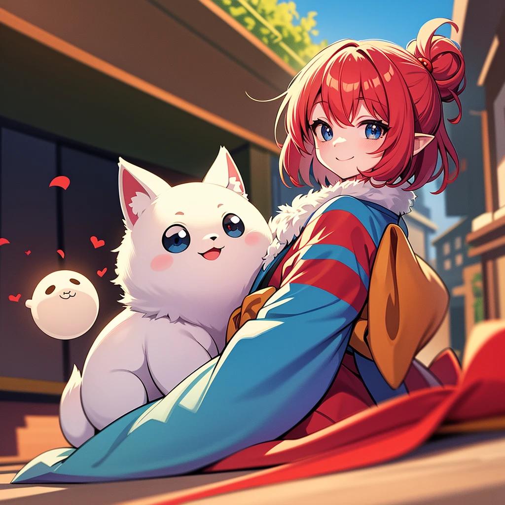 1 dog,Cute dog,Big face,Japanese anime style,Fluffy fur,Very big eyes,Kulikli's Eye,blue eyes,Droopy eyes,Healing character,smile,Light red hair,Ears stand,Focus on the face,The background is the city,blue sky,sun