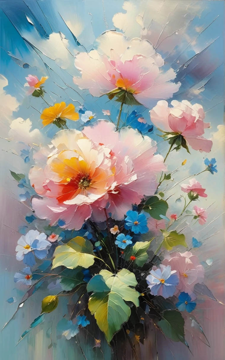 cloud,Sky, and flowers, Abstract, Surrealist "Painted Light", "Soft colors, ”, 「isolated subject, ” âinnocent colours, soft light, Heavy inky shadows, Detailed and complex environments, masterpiece, tracking effect, oil painting美學, heavy strokes, mysterious temptation, oil painting《Impressionism》, ” âImpressionistic.”Beautiful details, stylized art aesthetics, Broken glass effect, No background, amazing, something that doesn't even exist, Mythological figures, vitality, molecular, texture, iridescent and luminous scales, amazing美麗, pure perfection, divine presence, unforgettable, touching, amazing美麗, Volumetric light, halo, ray, vivid color reflection