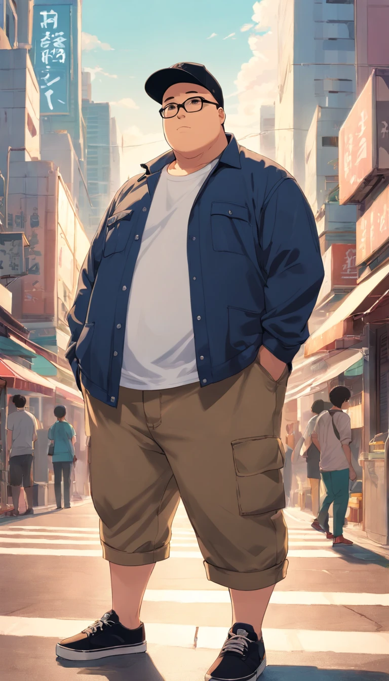 A mesmerizing photo of a fat obese bald Indonesian man, wearing a black New Era baseball cap, clear rectangular glasses, bald, with a plain white oversize long-sleeve t-shirt, dark brown jeans, and black Vans shoes, standing on an aesthetic vintage city sidewalk on a bright, cloudy day.