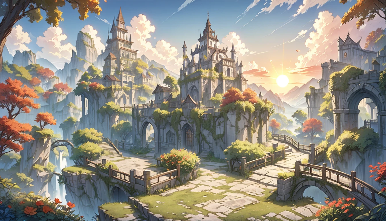 middle Ages　 Fantasy RPG Landscape Stone City Landscape, no humans, no peoples, Bar D, Many bars,rococo style, Sun set