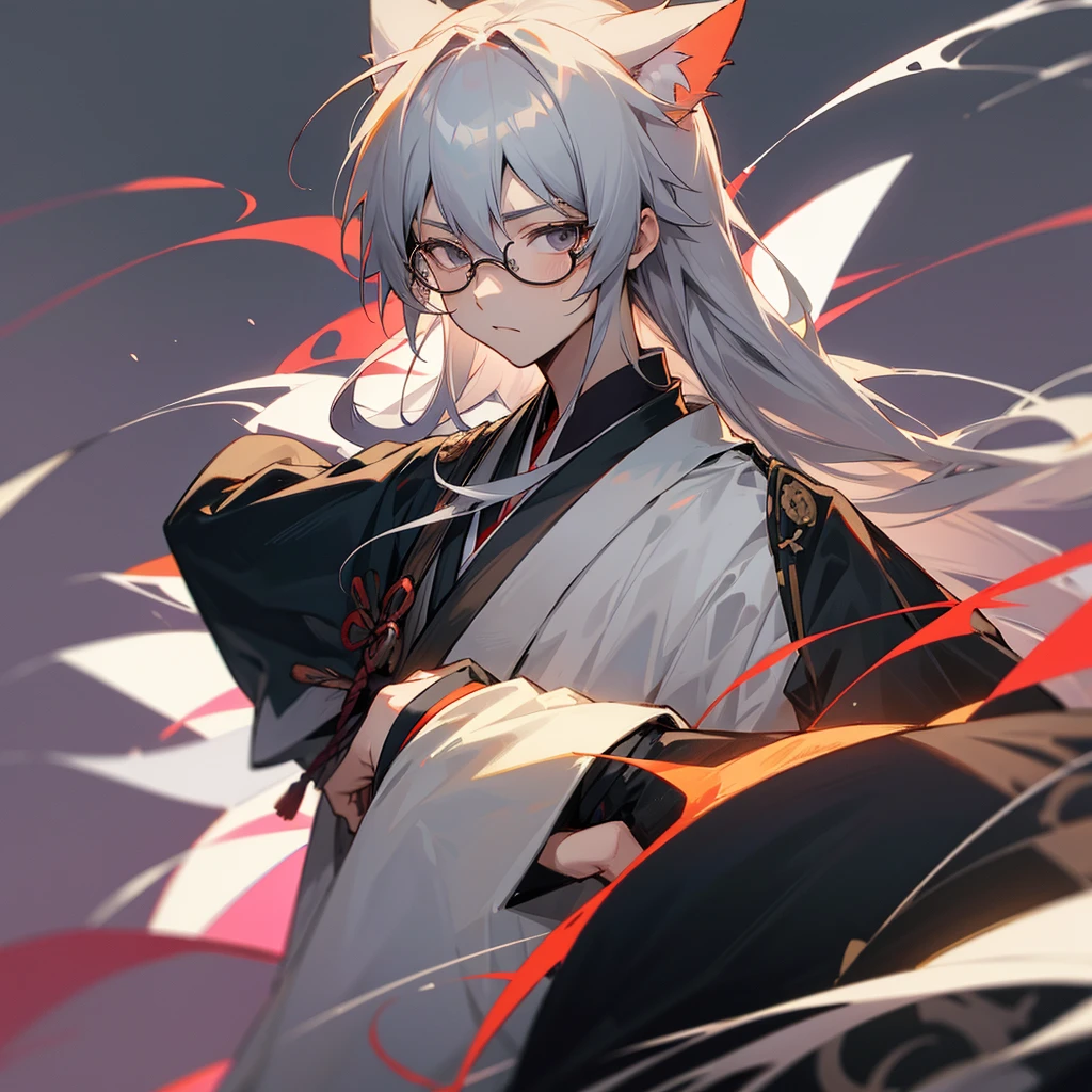 1 Neuter Boy、solo, High resolution, Cat ear, Glasses、Prince Shotoku、Japanese clothing、Long Hair, Grey Hair, Simple Background, anime, anime風,confusion, confusion, confusion, 