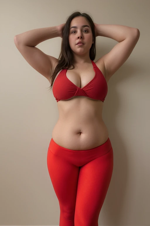 Young chubby girl in red yoga pants bikini top